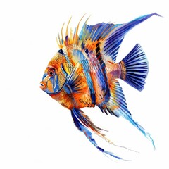 Watercolor painting of a colorful coral beauty angelfish, with its vibrant orange and blue markings and graceful on isolated white background