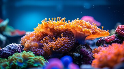 Obraz premium A vibrant orange coral reef with a blue background.