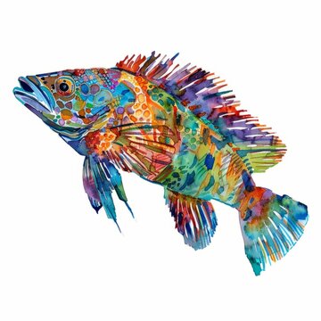 recommend clip art: Watercolor painting of a dazzling wrasse, with its vibrant colors and intricate patterns, on isolated white background
