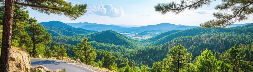 Fototapeta premium A breathtaking scenic view of mountains and lush trees under a bright blue sky, perfect for nature enthusiasts and travelers.