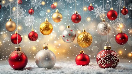 Fototapeta premium Christmas background with festive red and gold Christmas balls, silver snowflakes, and falling snow, Christmas, background