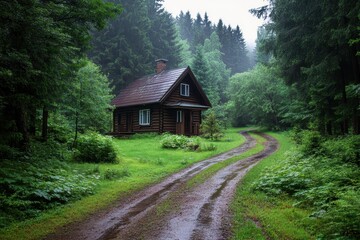 Fototapeta premium A cozy wooden cabin surrounded by lush greenery, nestled along a winding dirt path in a tranquil forest setting.