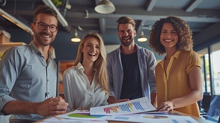 A diverse team of four professionals, two men and two women, stand around a table in a modern office setting, reviewing graphs and charts. 