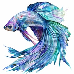 Fototapeta premium Watercolor painting of a mesmerizing betta fish, with its flowing fins and iridescent shades of blue on isolated white background