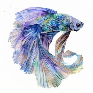 recommend clip art: Watercolor painting of a mesmerizing betta fish, with its flowing fins and iridescent shades of blue on isolated white background