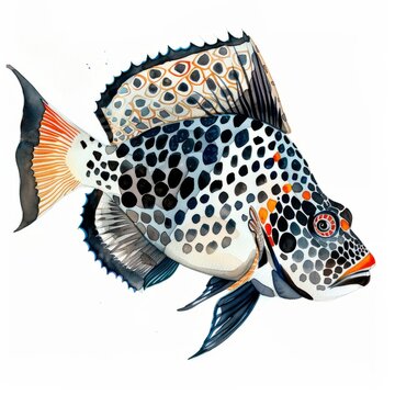 recommend clip art: Watercolor painting of an exotic clown triggerfish, with its bold black and white patterns and bright orange spots, on isolated white background