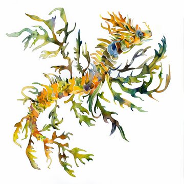 recommend clip art: Watercolor painting of an exotic leafy sea dragon, with its leaf-like appendages and intricate camouflage, on isolated white background