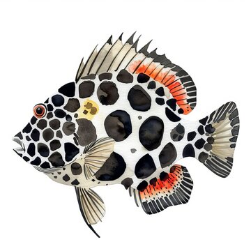 recommend clip art: Watercolor painting of an exotic clown triggerfish, with its bold black and white patterns and bright orange spots, on isolated white background