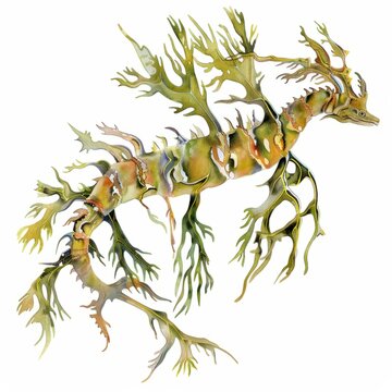 recommend clip art: Watercolor painting of an exotic leafy sea dragon, with its leaf-like appendages and intricate camouflage, on isolated white background
