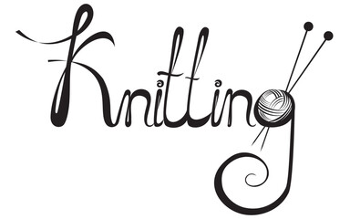 Knitting. Yarn ball with needles isolated on White background. Flat outline logo mark of skein string. Symbol of woolen cotton knit thread use for tailoring or sewing of cloth. Vector illustration