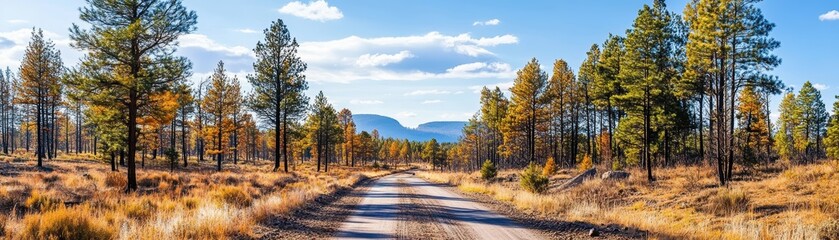 Fototapeta premium A scenic dirt road surrounded by majestic pine trees, showcasing the beauty of autumn in a peaceful natural landscape.