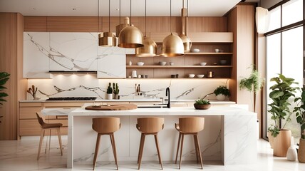 An interior design concept for a modern kitchen including a marble counter, wooden accents, and pendant lighting set against a light backdrop