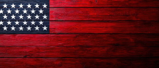 American flag on rustic red wood background, representing patriotism, freedom, and national pride in a vintage style.