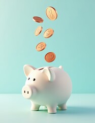 Pig piggy bank with gold coins falling. 3d render realistic vector illustration
