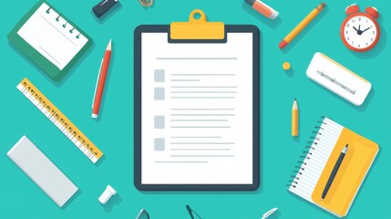 A white, blank clipboard with office stationery a cartoon.