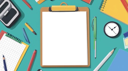 A white, blank clipboard with office stationery a cartoon.
