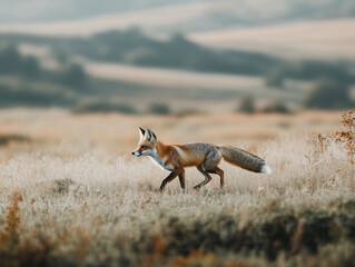 A fox running across an open field