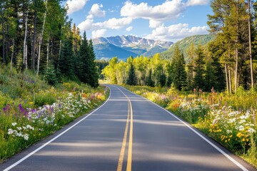 Fototapeta premium A scenic road winding through lush greenery and vibrant wildflowers, framed by majestic mountains under a clear sky.