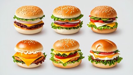 Set of Colorful Variety of Delicious Burgers on white background