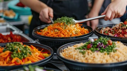 Diverse food cultures and cuisines from around the world displayed at an international food fair with deep depth of field showcasing the variety flavors and vibrant presentation of gourmet dishes