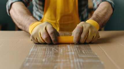 Obraz premium Close up of the hands of a small business owner or entrepreneur sealing cardboard boxes with packing tape