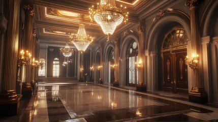 Fototapeta premium A grand, opulent hallway with marble floors, ornate chandeliers, and arched doorways.