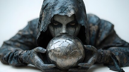 Disturbing fortune teller with a shattered crystal ball, Halloween masks cracked and distorted, dark surrealism, isolated on white background