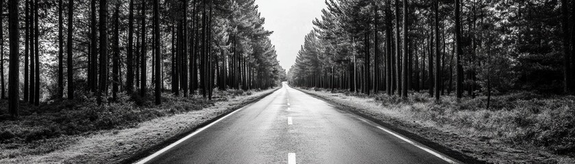 Obraz premium A serene black and white image of a straight road passing through a dense forest, evoking a sense of solitude and peace.