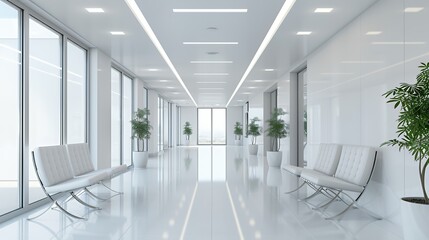 Fototapeta premium Bright modern office hallway featuring white waiting chairs and green potted plants.