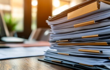 A stack of documents and file folders on the desk.