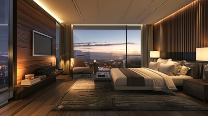 Naklejka premium Luxurious modern bedroom with a large window offering a stunning city skyline view at sunset. The bedroom features a king-size bed, a plush armchair, a modern fireplace, and wood paneling.
