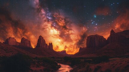 Fototapeta premium Starry Night Over Monument Valley's Red Rock Formations. Starry night sky illuminated by the Milky Way above Monument Valley's iconic red rock formations, creating a mystical desert scene.