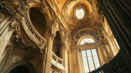 Obraz premium Ornate interior of a historic building with ornate arches, a curved staircase, and a window.