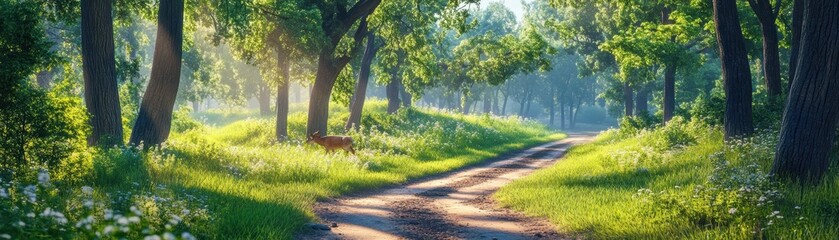 Fototapeta premium A serene forest path surrounded by lush greenery, illuminated by soft sunlight, inviting a peaceful nature experience.