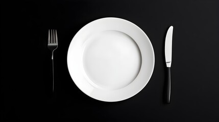 Clean white plate on a white table, knife and fork aligned with precision, black background for high contrast, studio lighting enhancing the minimal aesthetic.