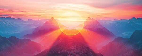 Breathtaking sunrise over majestic mountains, showcasing vibrant colors and dramatic light playing across the serene landscape.