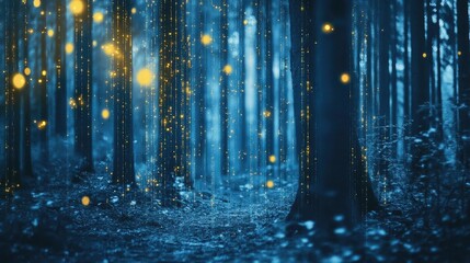 A magical forest illuminated by glowing lights at dusk. An enchanting scene rich in tranquility and wonder.