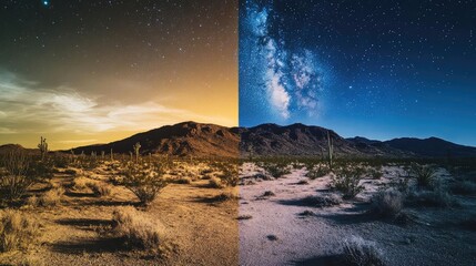 Stunning desert landscape showcasing the contrast between twilight and nighttime under a starry sky.