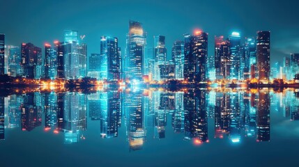 Obraz premium Stunning city skyline with vibrant lights reflecting on water, showcasing modern architecture and urban lifestyle at night.