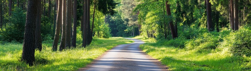 Obraz premium A serene forest pathway lined with lush greenery, inviting exploration and connection with nature.