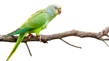 A solitary Green Parakeet perched on a tree branch, Generative AI.