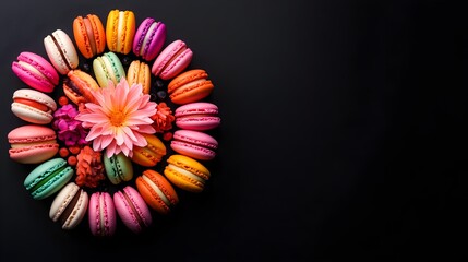 Flat lay of a luxurious dessert board featuring mini pastries and pastel macarons, black background, arranged in a circular pattern, high contrast lighting.