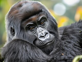 Obraz premium A close-up portrait of a majestic gorilla displaying its expressive features and serene demeanor in a natural environment.