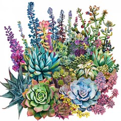 Obraz premium Watercolor painting of a surreal succulent garden, with various species of exotic succulents in vibrant hues, on isolated white background