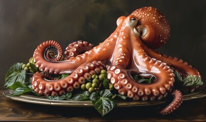 Cooked octopus on a tray in a studio picture, Generative AI.