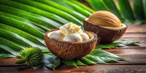 Coconut milk and ice cream served in a tropical coconut shell , tropical, dessert, refreshment, coconut, milk, ice cream, tasty