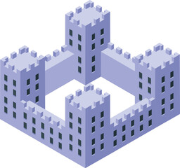 Medieval stone castle with high towers protecting the square yard isometric illustration