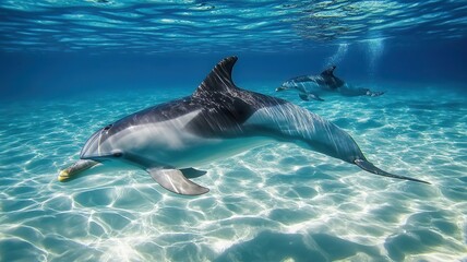 A graceful dolphin swimming underwater showcasing the beauty of marine life in crystal-clear water.