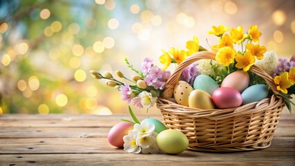 Easter eggs in a basket surrounded by spring flowers on a neutral background, Easter, eggs, basket, spring