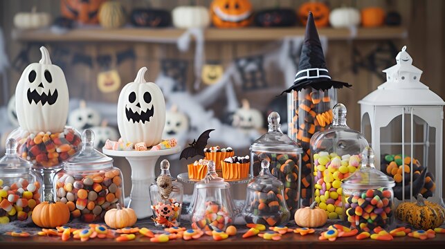 A Halloween candy buffet with various candies and decorations in glass jars and white pumpkins.